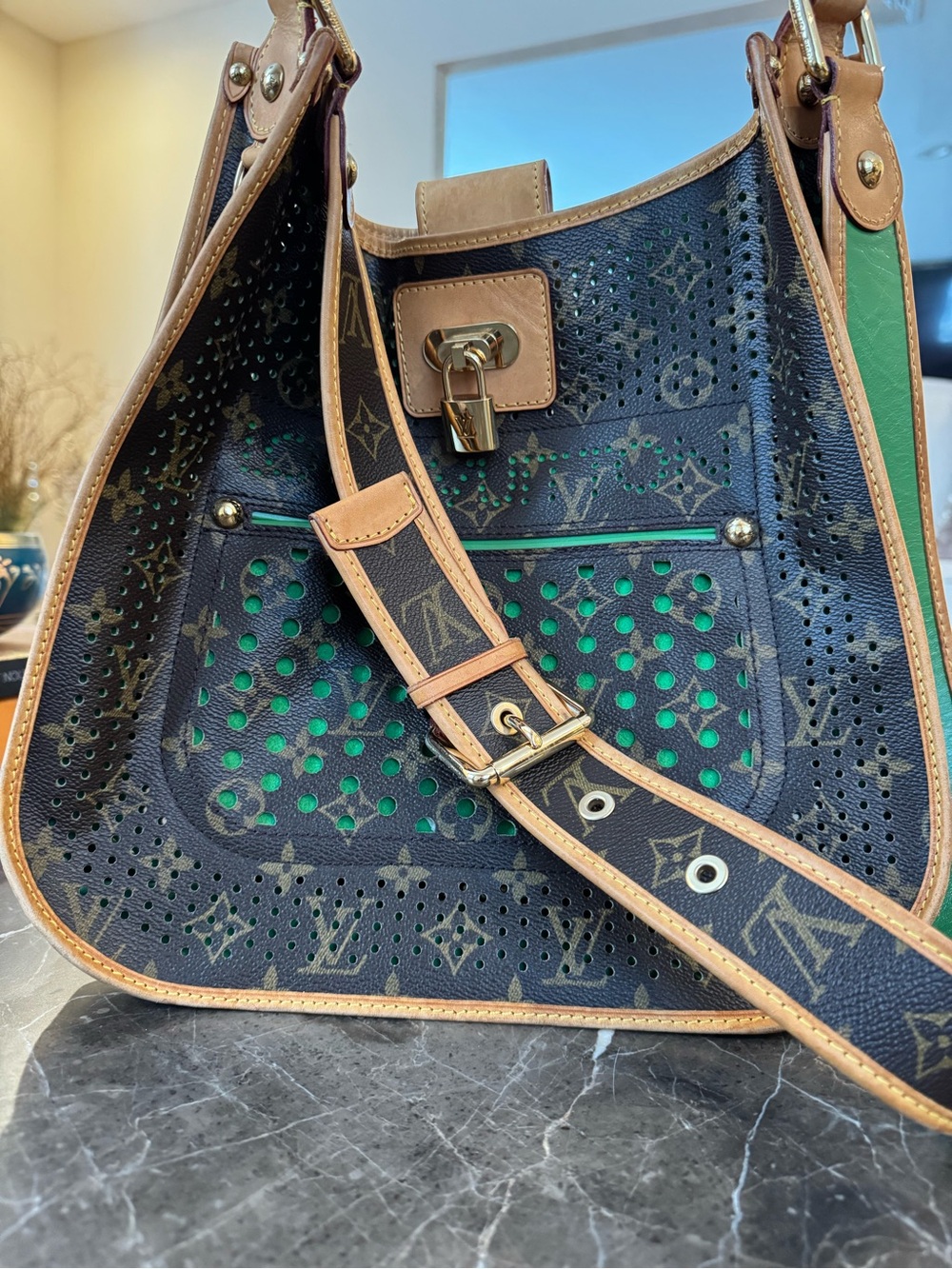 Louis Vuitton Monogram Perforated Leather Shoulder Bag in Black & Green Musette
